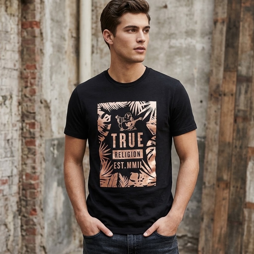 True Religion T-Shirt Men Medium Black Rose Gold Foil Leaves Graphic Tee